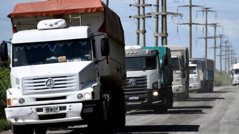 Camiones de transporte de carga detenidos en una ruta durante una protesta.