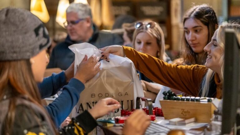 Persona con maletas realizando compras en un aeropuerto o zona comercial exterior