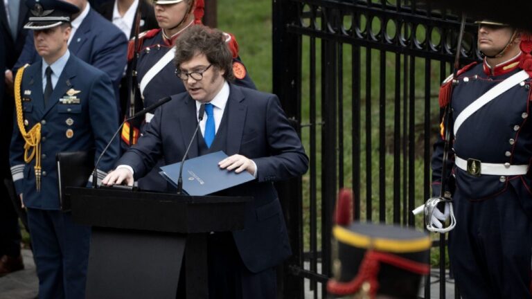Presidente Javier Milei durante su discurso en el acto por el Día del Veterano y de los Caídos en la Guerra de Malvinas.