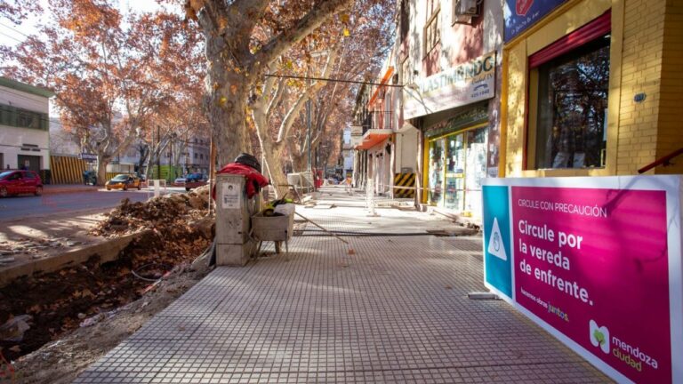 Trabajadores municipales reparando una vereda en una calle de la Ciudad de Mendoza