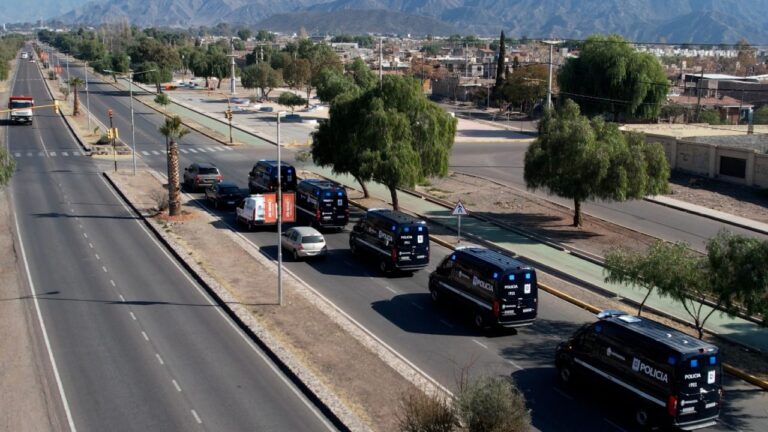 Personal policial durante un operativo de control en calles de San Martín, Mendoza