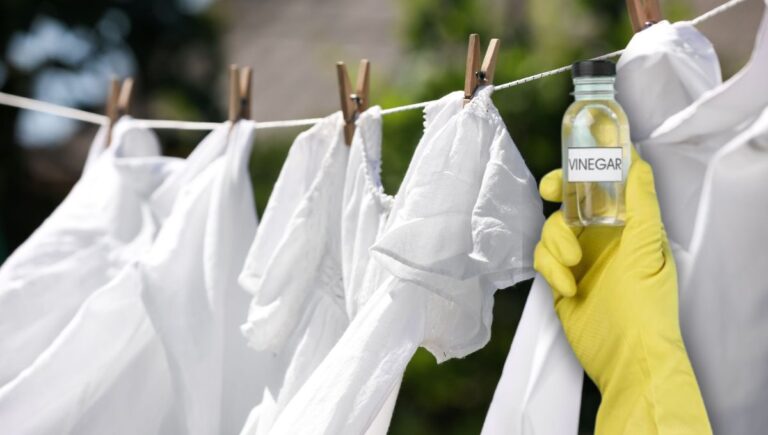 Prendas de ropa blanca dobladas junto a una botella de vinagre y un recipiente con agua
