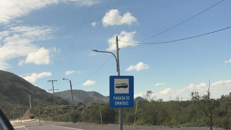 Persona esperando el colectivo en un costado de la Ruta 99, en Las Heras, sin parada techada.